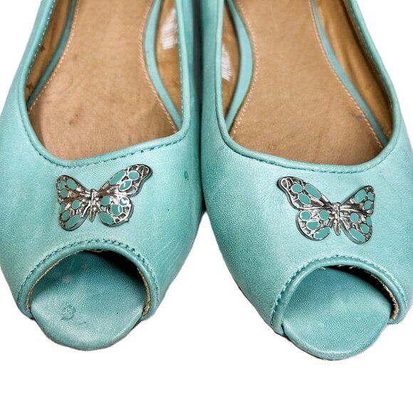 Fossil Flat Women's Size 8.5 Turquoise Leather Open Toe Butterfly - Picture 3 of 11